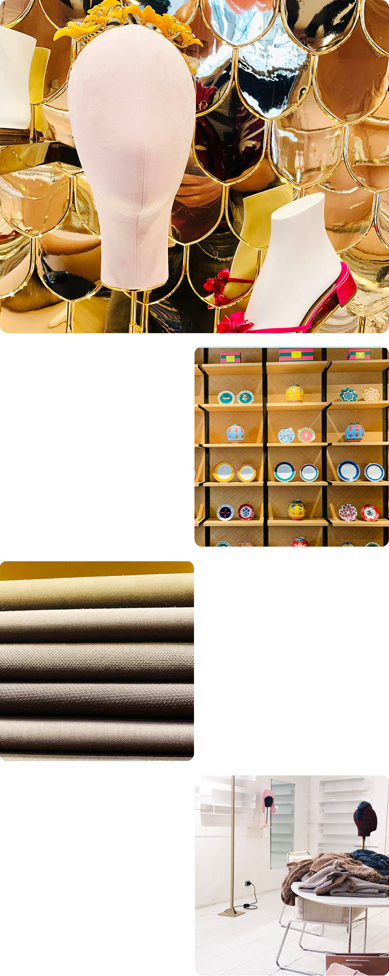 scaffali con scarpe e cappelliere, uno showroom e tessuti per Let's tidy it up: organizzazione del negozio